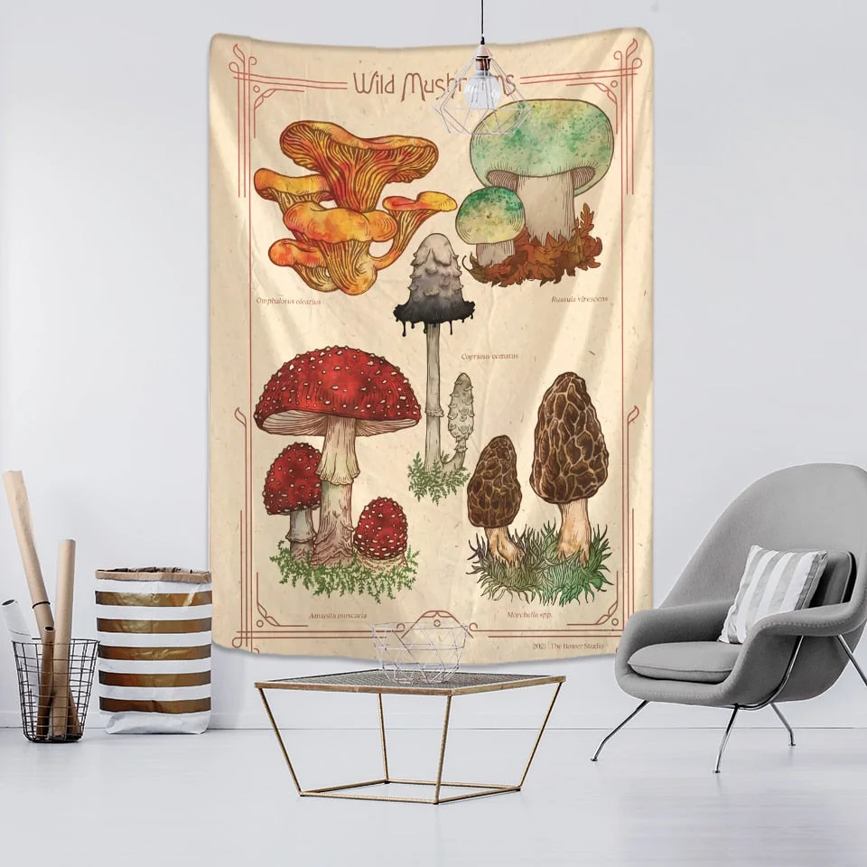 Mushroom Identification Chart Tapestry Wall Hanging Mycology Psychedelic Witchcraft Tarot Retro Home Decor