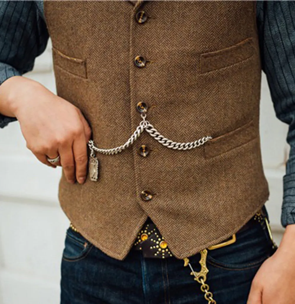 Men's Lapel V Neck Wool Herringbone Casual Waistcoat Formal Groomsman Business Suit Vest For Wedding