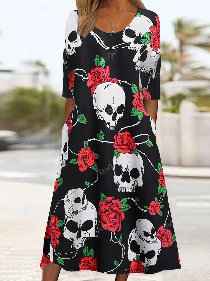 Women Long Sleeve Scoop Neck Halloween Ghost Scary Printed Pockets Midi Dress