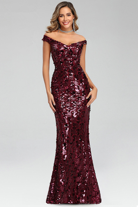 Bellasprom Burgundy Seuqins Prom Dress Long Mermaid Evening Party Gowns Off-the-Shoulder Bellasprom