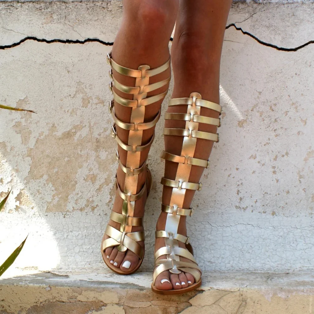 Black Gladiator Sandals Knee-high Heels Strappy Sandals for Women|FSJshoes