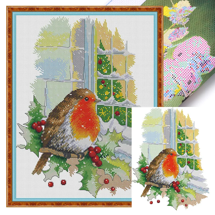 Joy Sunday - Christmas Red Bird In Front Of Window 14CT Stamped Cross Stitch 33*41CM