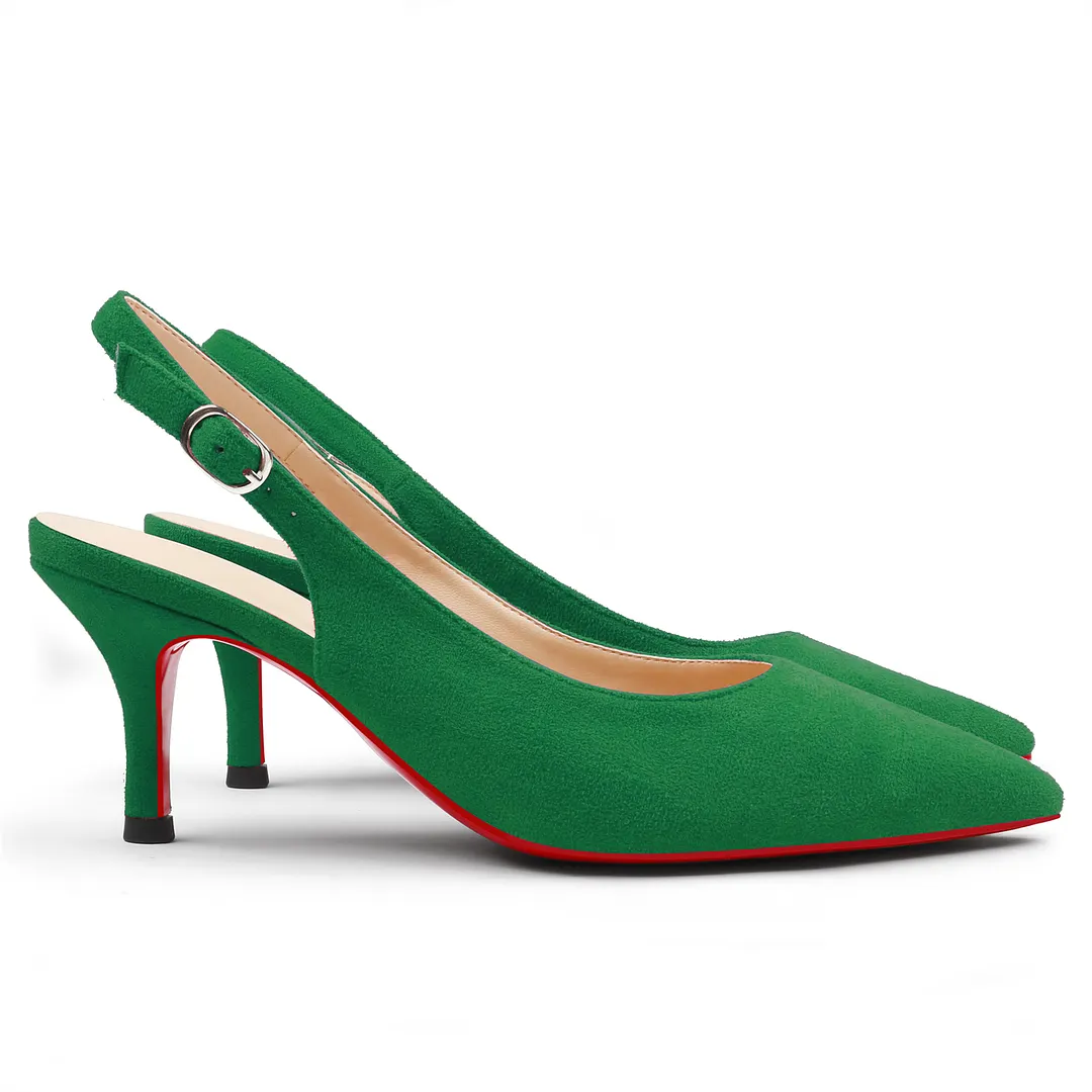 60mm Women's Pointed Toe Slingback Kitten Heels Red Bottom Suede Pumps-vocosishoes