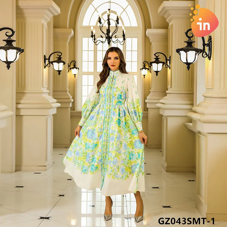 Stand collar maxi casual dress Barocco Scroll print long dresses women-GZ043SMT