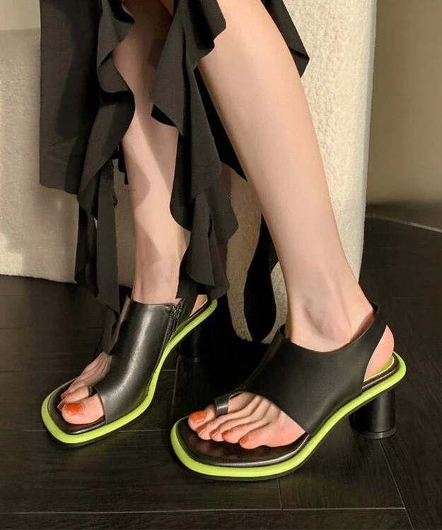 New Black Chunky Heel Cowhide Leather Toe Covering Sandals