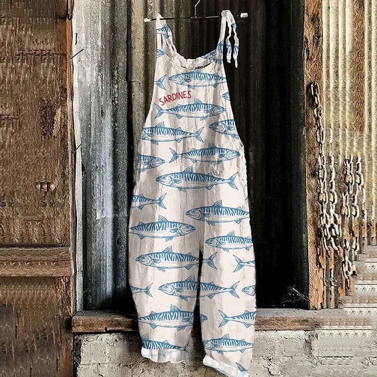 VChics Retro Sardinas Fish Art Print Linen Loose Casual Jumpsuit