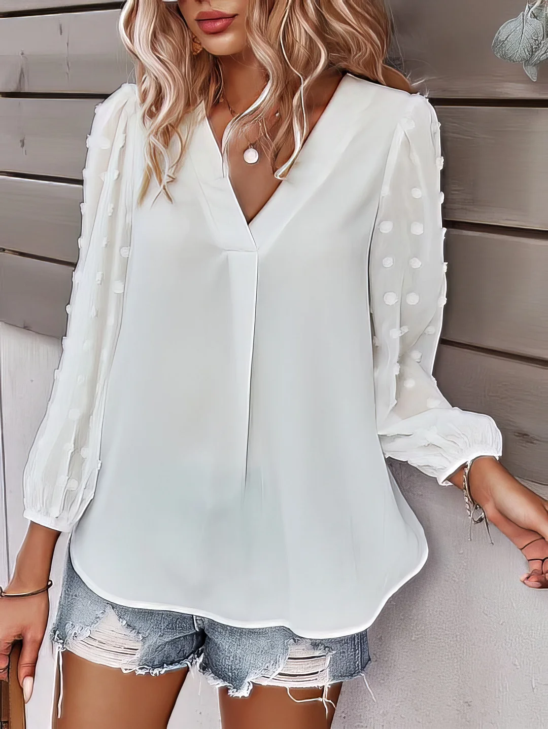 Long-sleeved Casual V Neck Solid Blouse