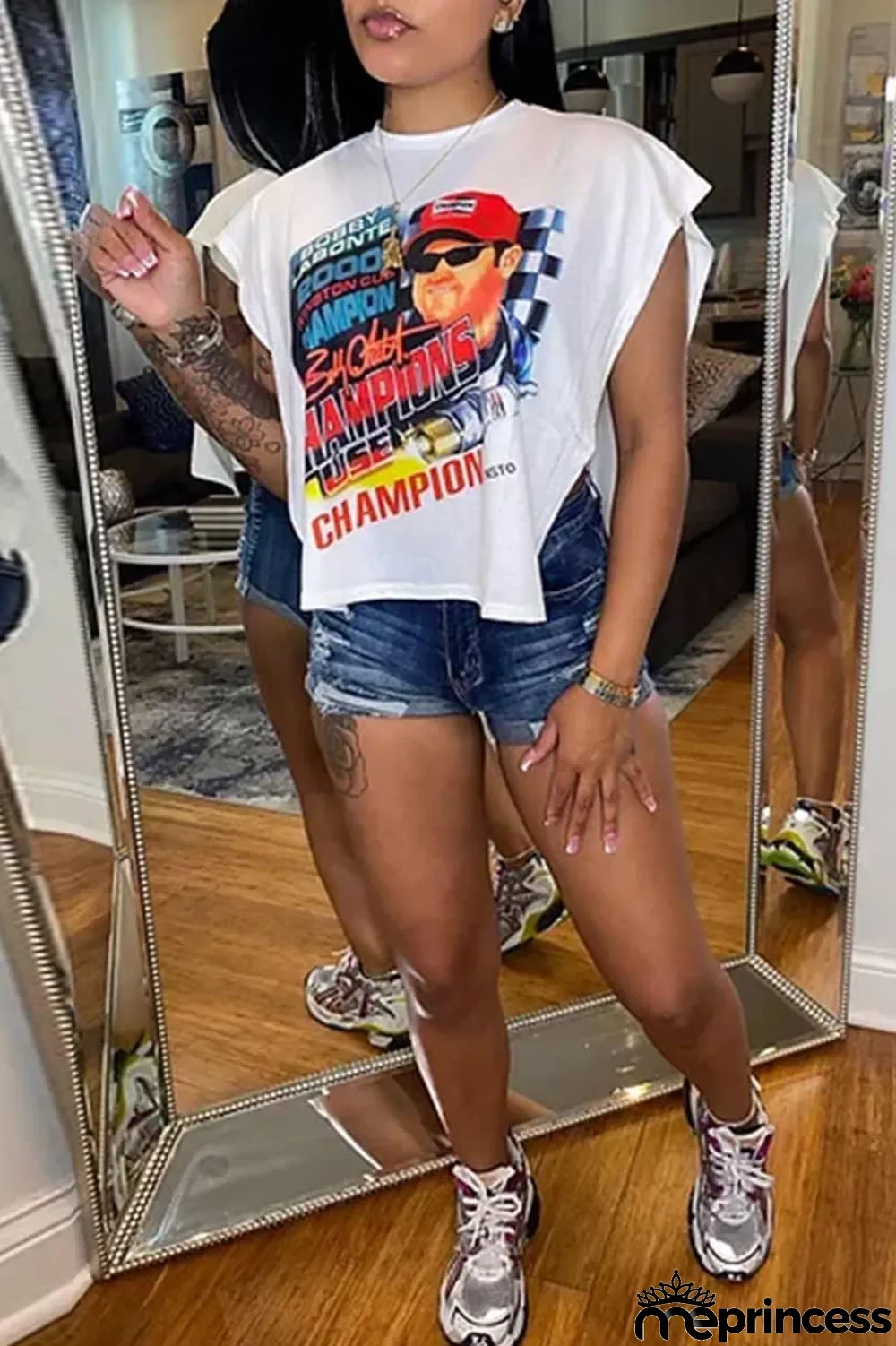 Rose Red Sexy Street Print Patchwork Slit Asymmetrical O Neck T-Shirts