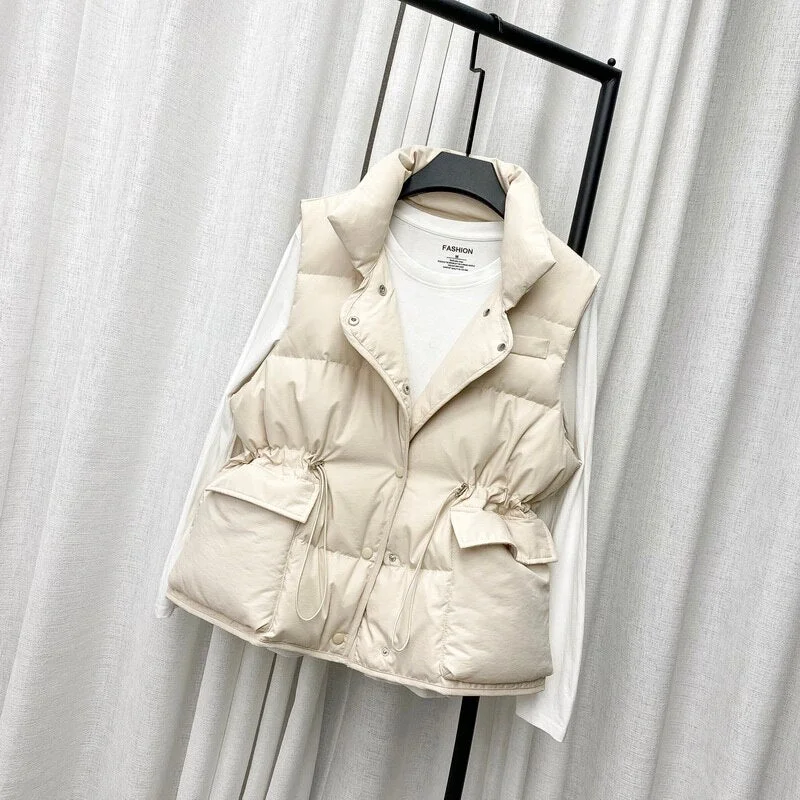 FTLZZ Winter Single Breasted Light Down Short Vest Jacket Women White Duck Down Coat Waist Retractable Pocket Sleeveless Outwear