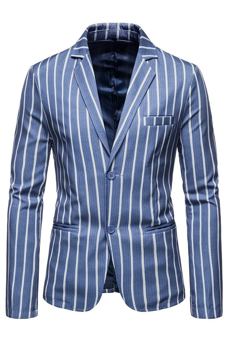 Casual Blue And White Striped Slim Fit Blazer