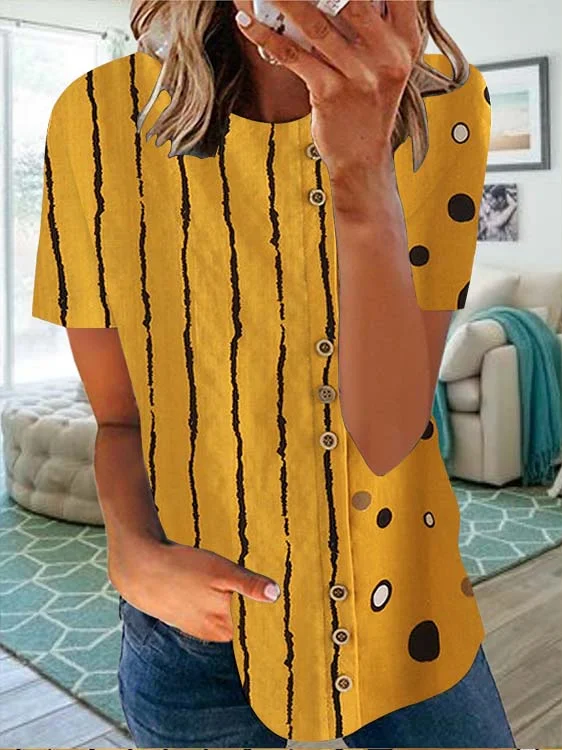 Women Short Sleeve Scoop Neck Striped Polka Dot Top