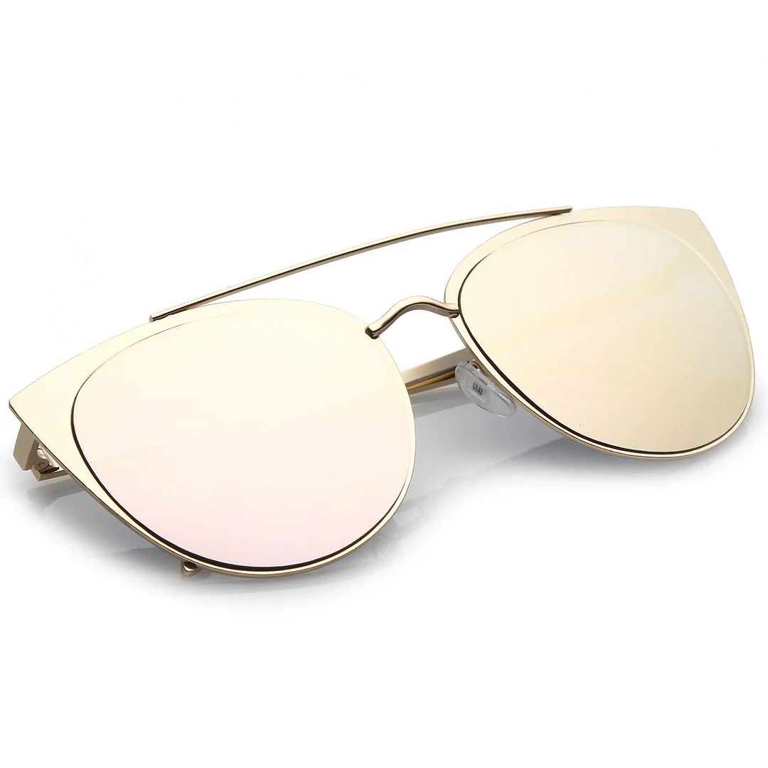 Women's Oversize Metal Crossbar Mirrored Flat Lens Cat Eye glasses 61mm