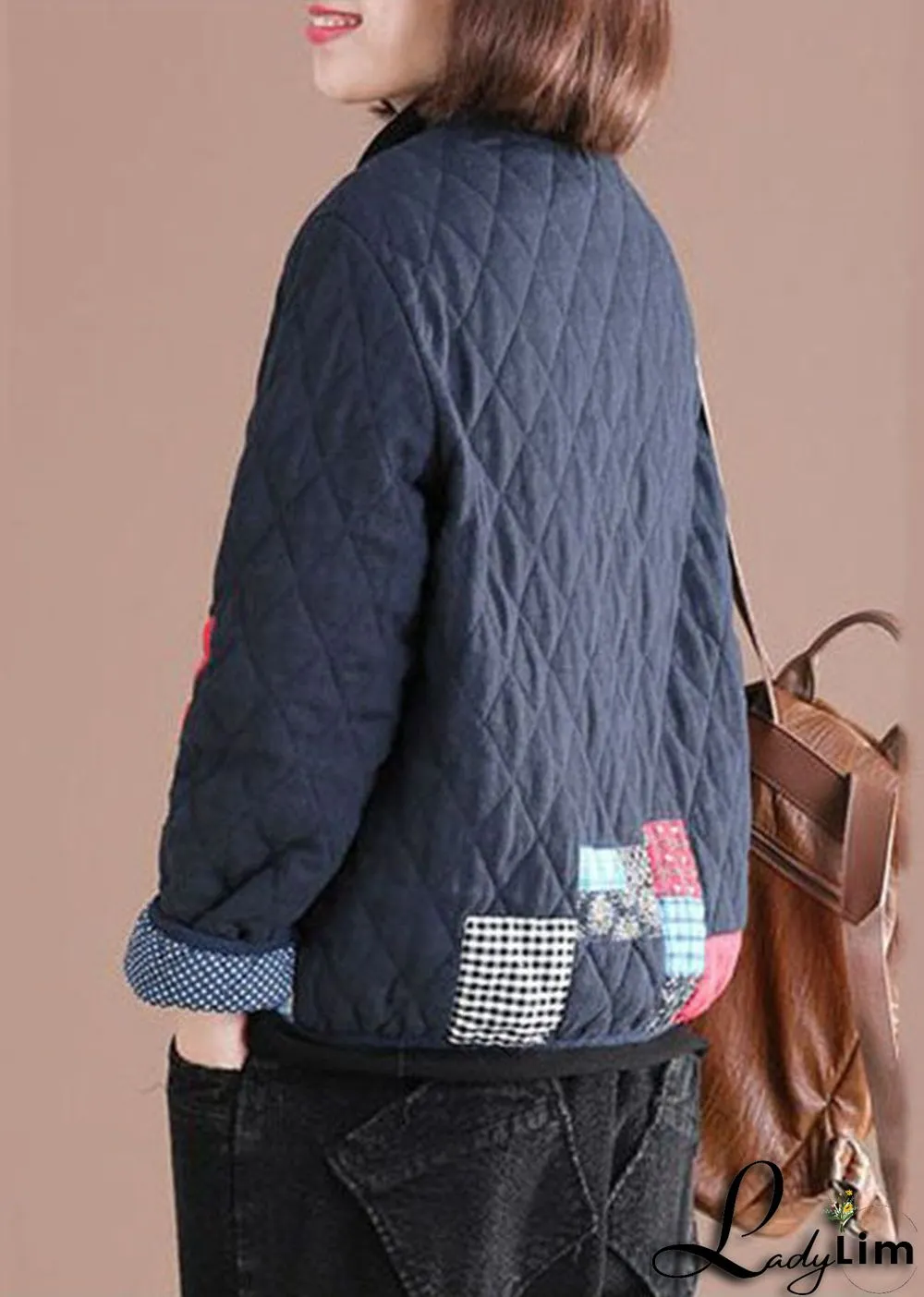 Retro Blue Oriental Patchwork Applique Fine Cotton Filled Jackets Winter