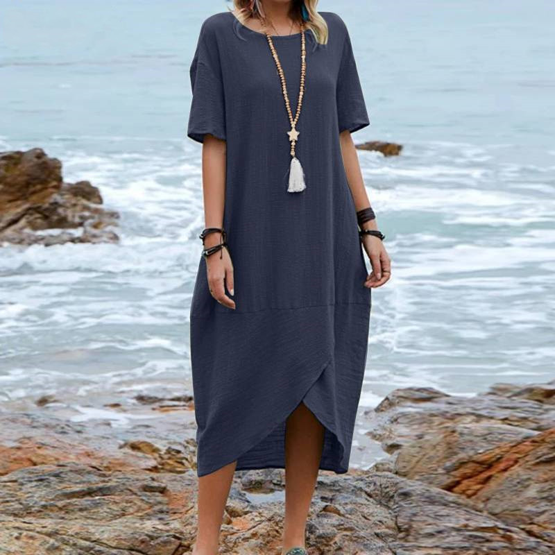 Mature Women Summer Solid Color Retro Round Neck Short Sleeves Mid-length Dress