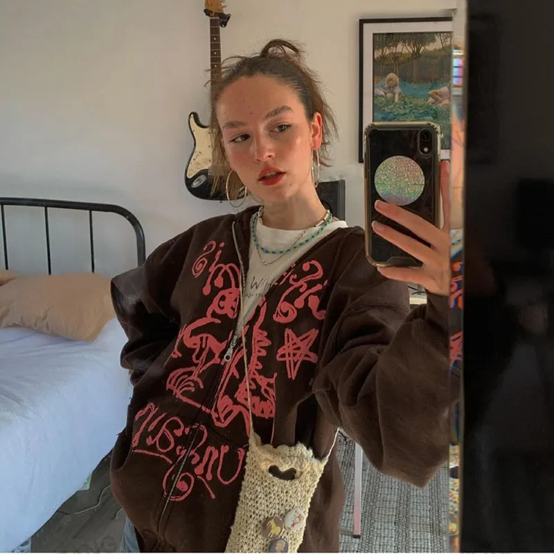 Y2K Vintage Female Sweatshirt Oversized Hoodies Women Autumn Long Sleeve Zip Up Coat Top E-girl Harajuku Grunge Gothic Clothes
