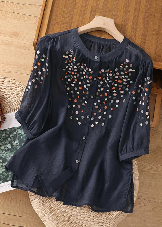 Handmade Navy Embroideried Button Linen Shirt Spring