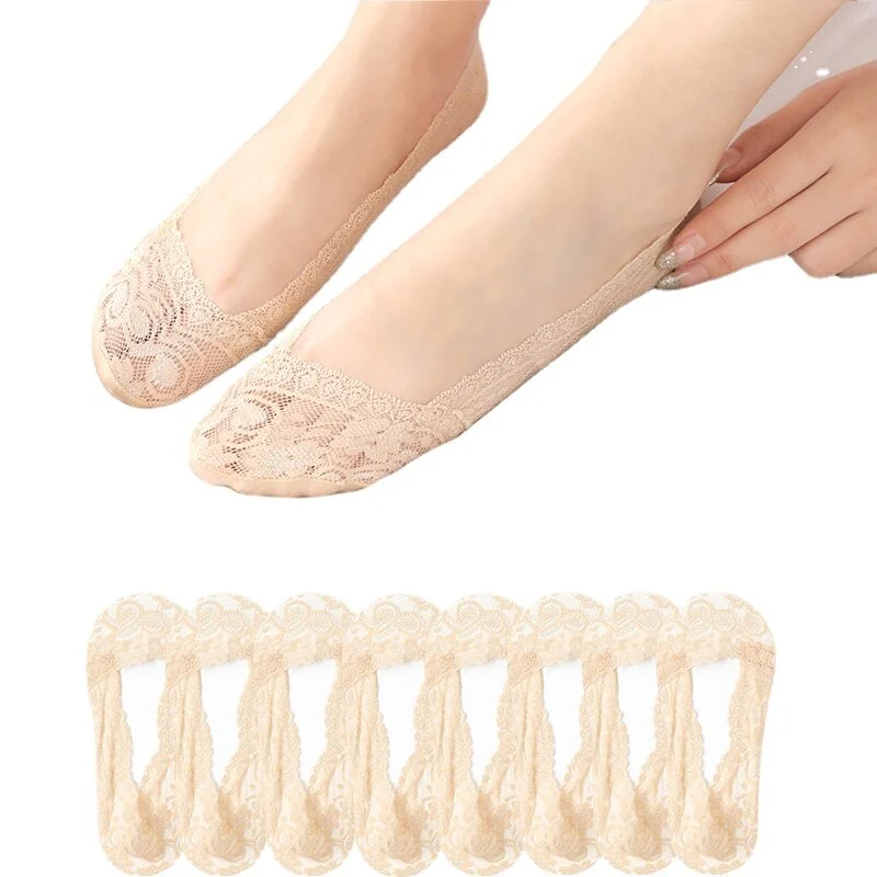 Summer Must-Haves: 8 Pairs of Women's Thin Cotton Lace Boat Socks with Anti-slip Silicone