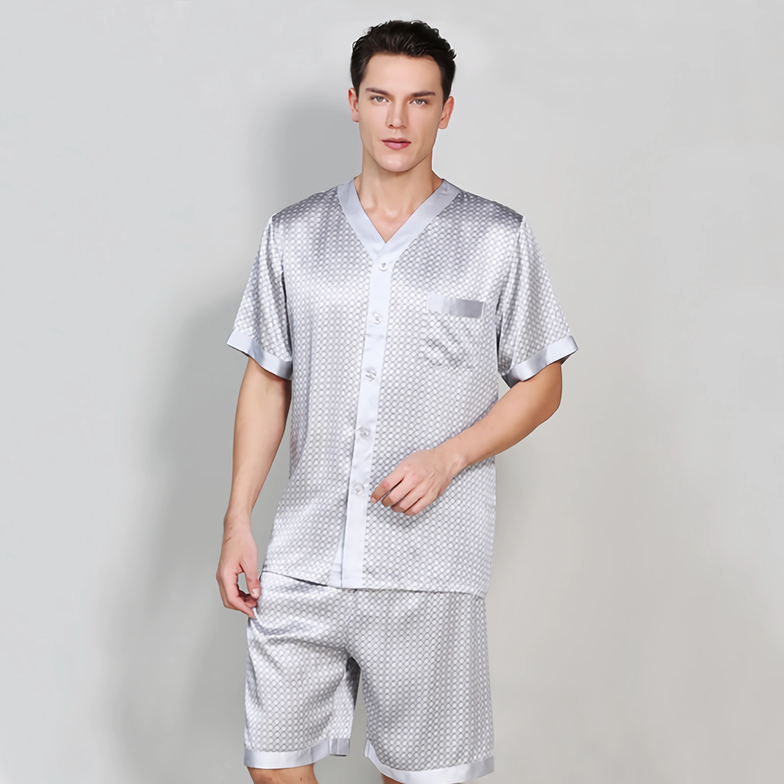 19 Momme Gray Silk Pajamas Short Set For Men REAL SILK LIFE