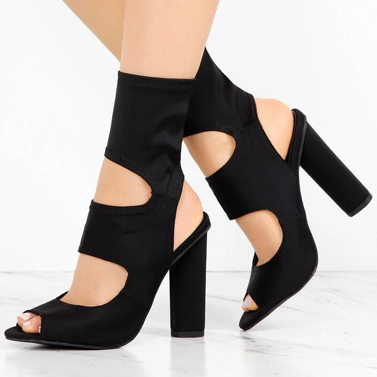 Black Cutout Peep Toe High Heel Sock Boots for Women |FSJ Shoes