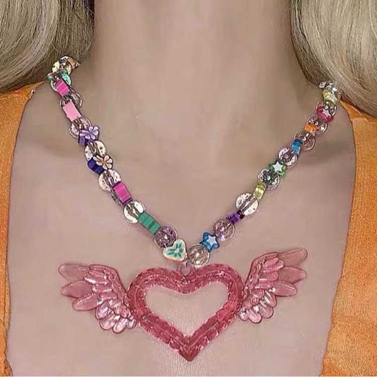 Acrylic Heart Wings Pendant Glitter Beads Necklace KERENTILA
