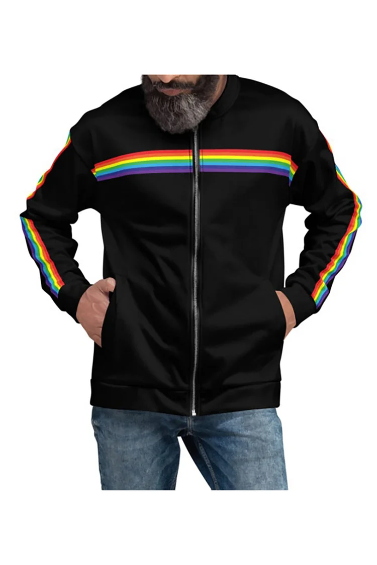 Rainbow Striped Patchwork Print Black Jacket With Pocket