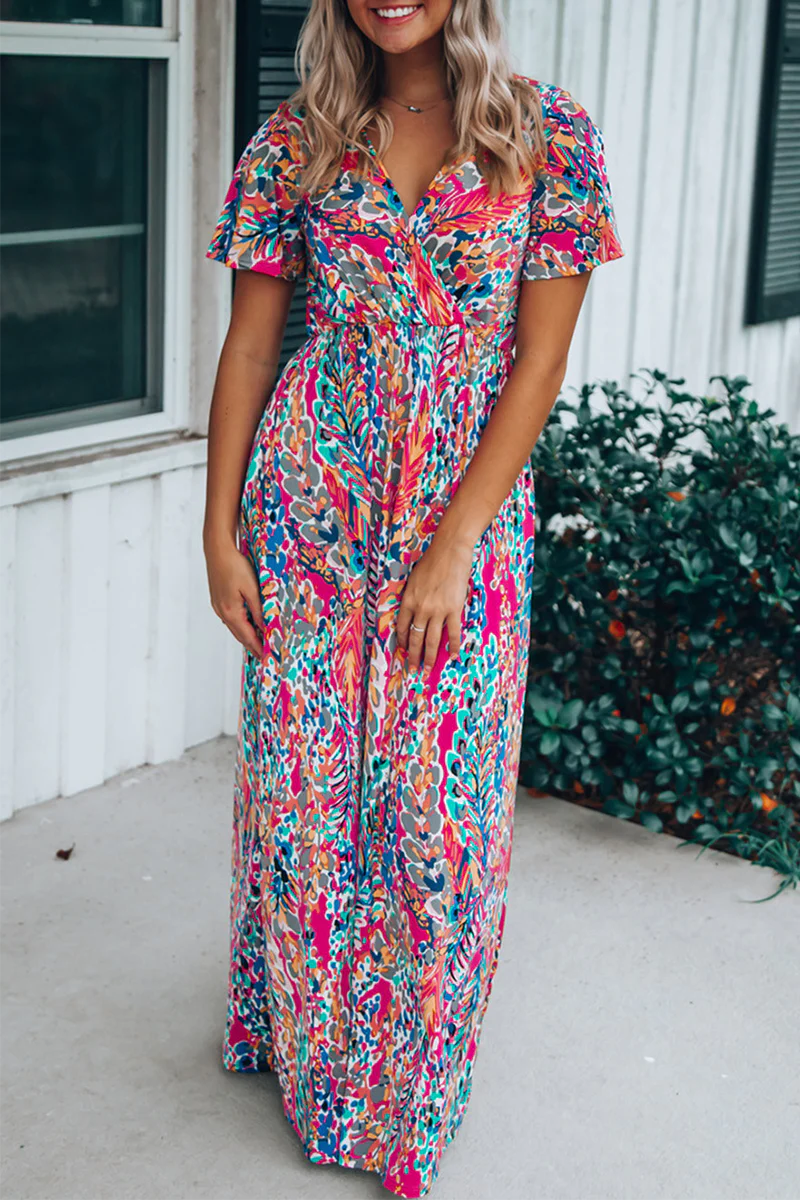 Casual Print Patchwork V Neck Straight Dresses