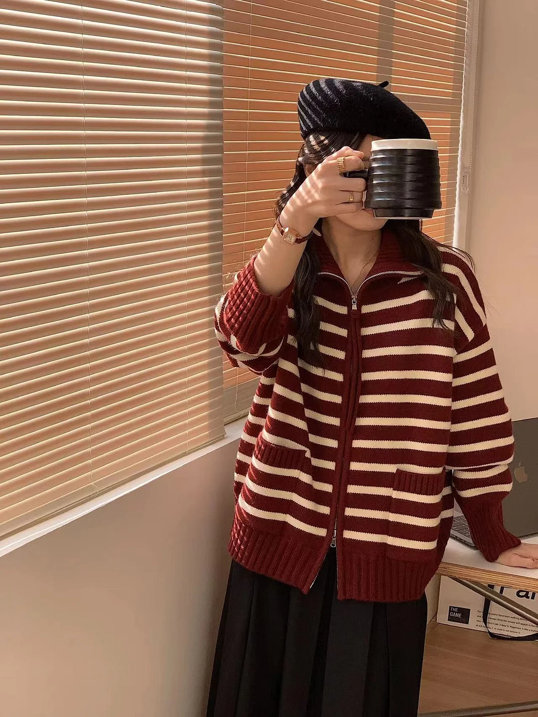 Churchf Churchf Lapel Stripe Double Zipper Knit Cardigan Women's 2024 New Loose And Versatile Thin Sweater Coat