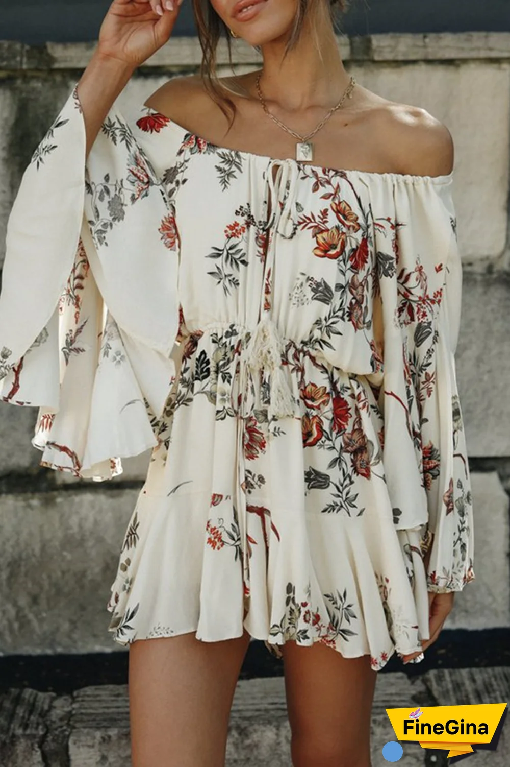 Fashion Casual Floral Split Joint Frenulum Off The Shoulder A Line Dresses