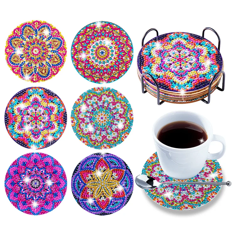 DIY Diamonds Painting Coaster with Rack Wooden Mosaic Pad Kitchen Accessories