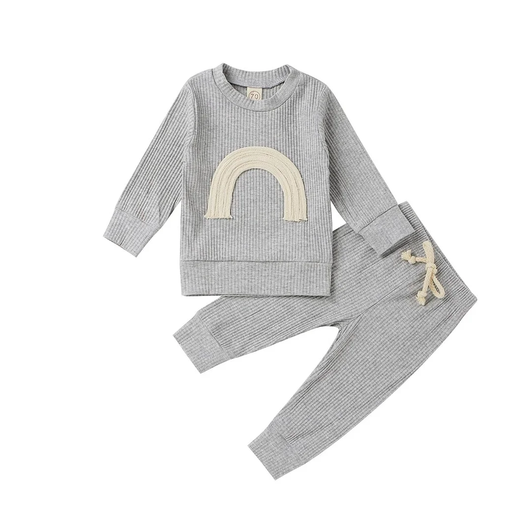 Baby Girl Ribbed Clothes Set Knitting Pullover, Lace-up Pants, Round Collar Long Sleeves Rainbow Top Sports Home Jogger Trousers