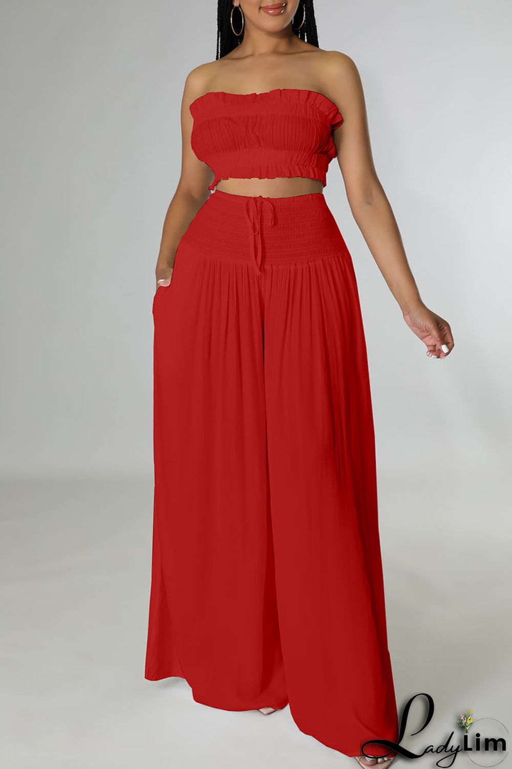 Red Sexy Solid Split Joint Stringy Selvedge Strapless Sleeveless Two Pieces