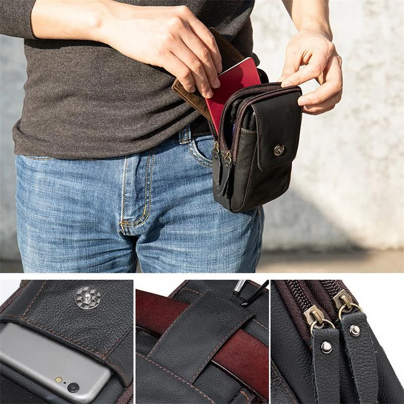 Grain Textured Style Genuine Leather Multiple Compartment Card Slot Magnetic Closure Belt Bag