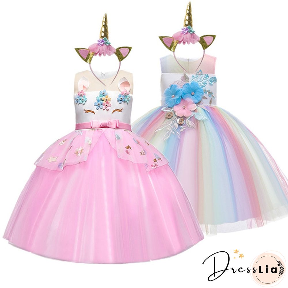 Unicorn Headband Princess Dress Children Summer Outfit kids fancy pony rainbow tulle tutu