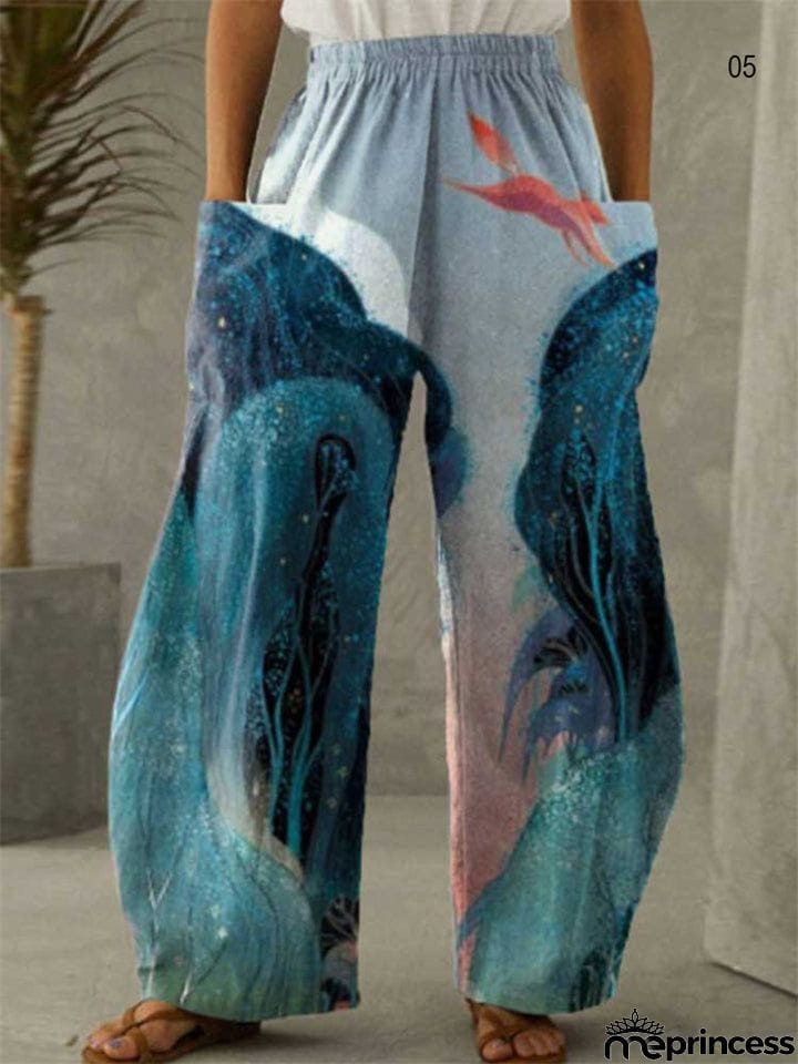 Female Retro Art Printed Loose Plus Size Elastic Waist Wide Leg Pants
