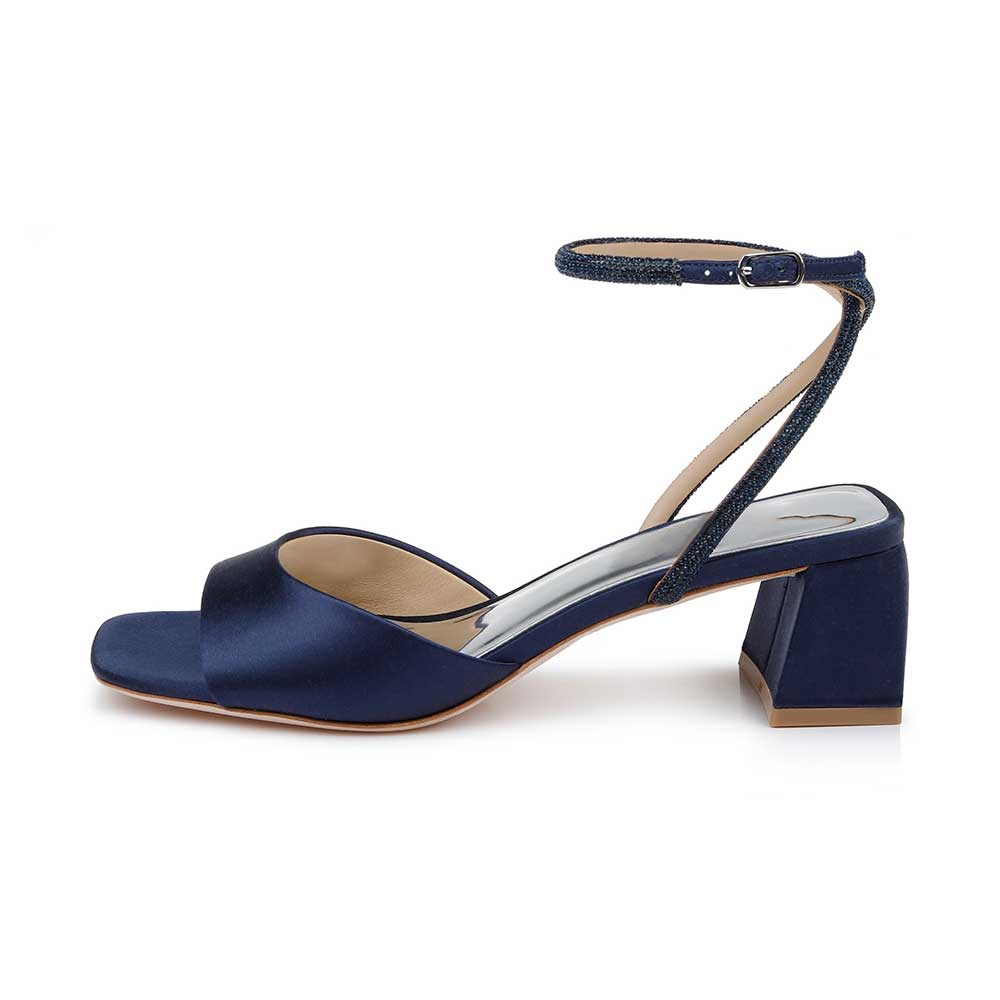 Navy Blue Satin Square Toe Rhinestone Ankle Strap Heeled Sandals Nicepairs