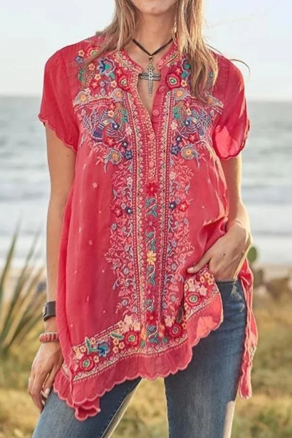 Trim Floral T-shirt Button V-neck Frill Embroidery