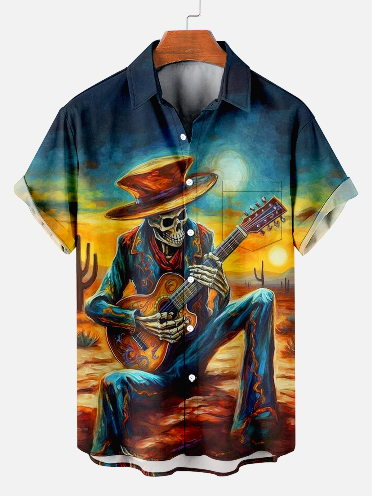 Men's Vintage Day of the Dead Guitar Print Shirt PLUSCLOTHESMAN