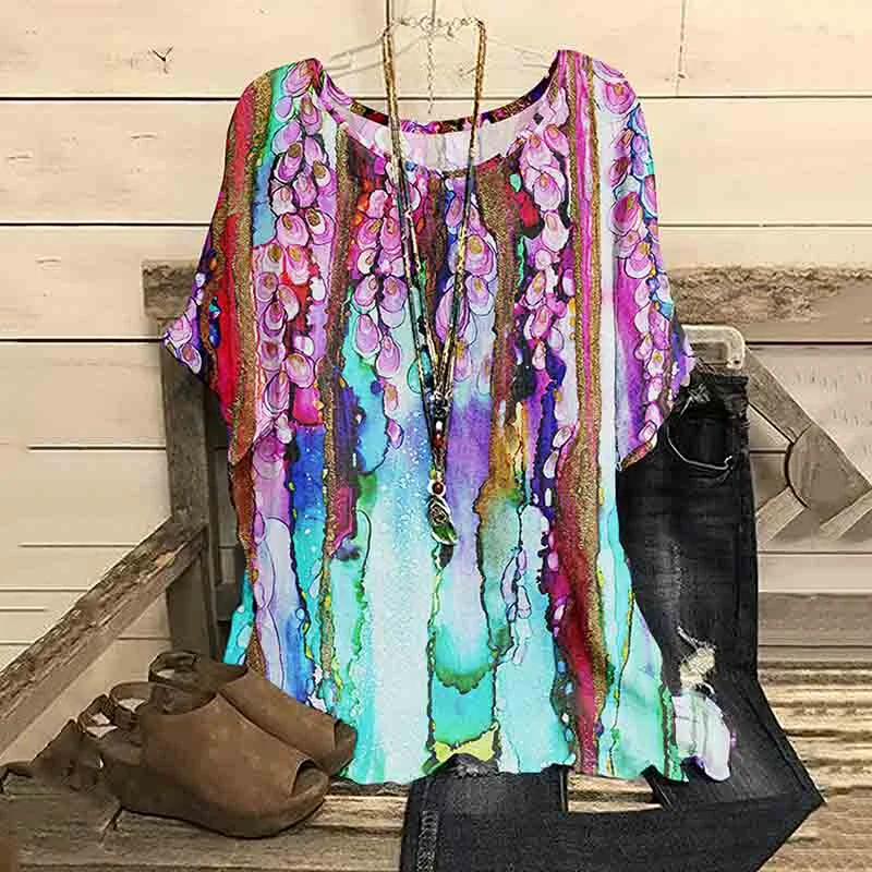 Art Floral Print Round Neck Casual T-Shirt