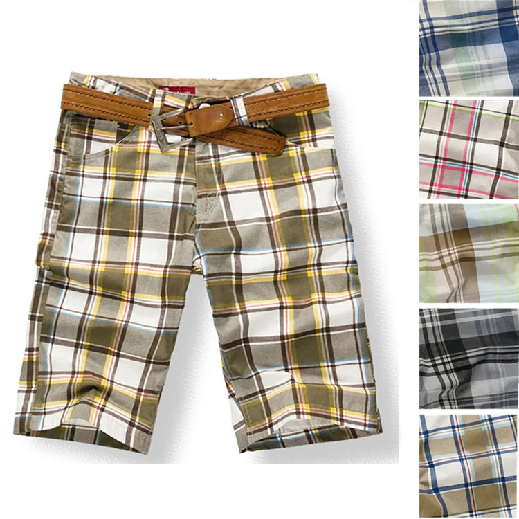 Men's Cotton Loose Multi-pocket Cargo Plaid Shorts