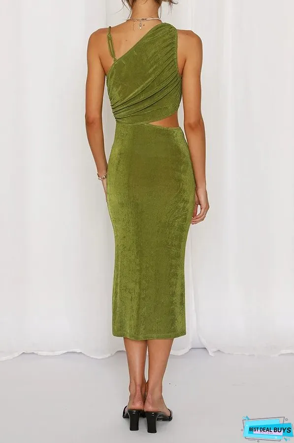 Fashion Elegant Solid Hollowed Out Slit Oblique Collar Pencil Skirt Dresses(5 Colors)