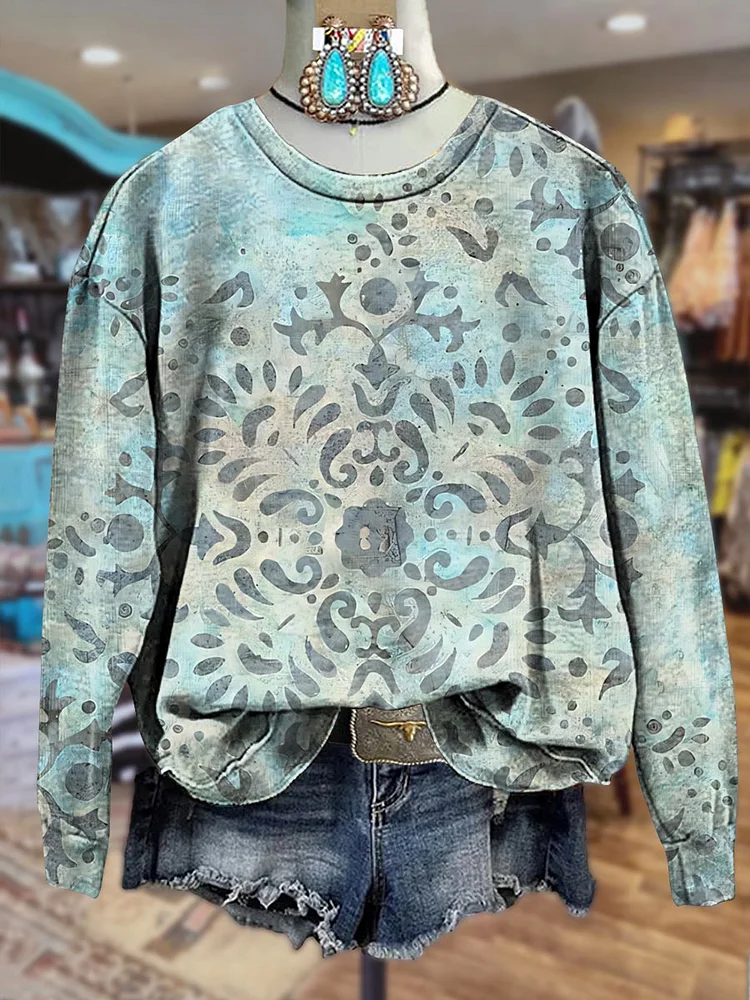 Embossed Graphics Distressed Printed Crewneck Sweatshirt