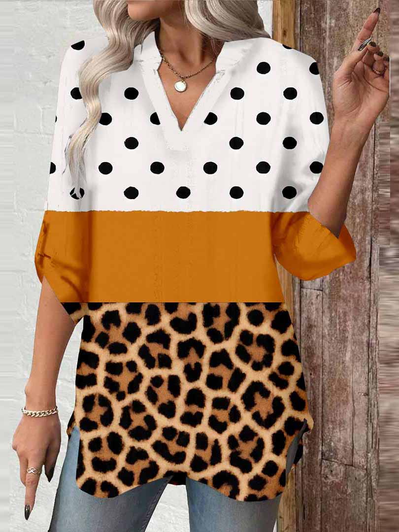 Women Polka Dot, Striped, Yellow DZGA0058 3/4 Sleeve V-neck Printed Graphic Button Tops