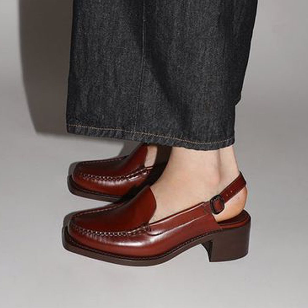 Brown Closed Toe Slingback Loafers With Low Chunky Heels Nicepairs