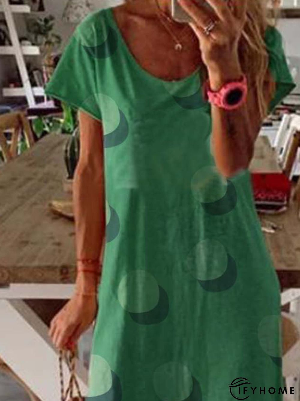 Green Polka Dots Short Sleeve Round Neck Knitting Dress | IFYHOME