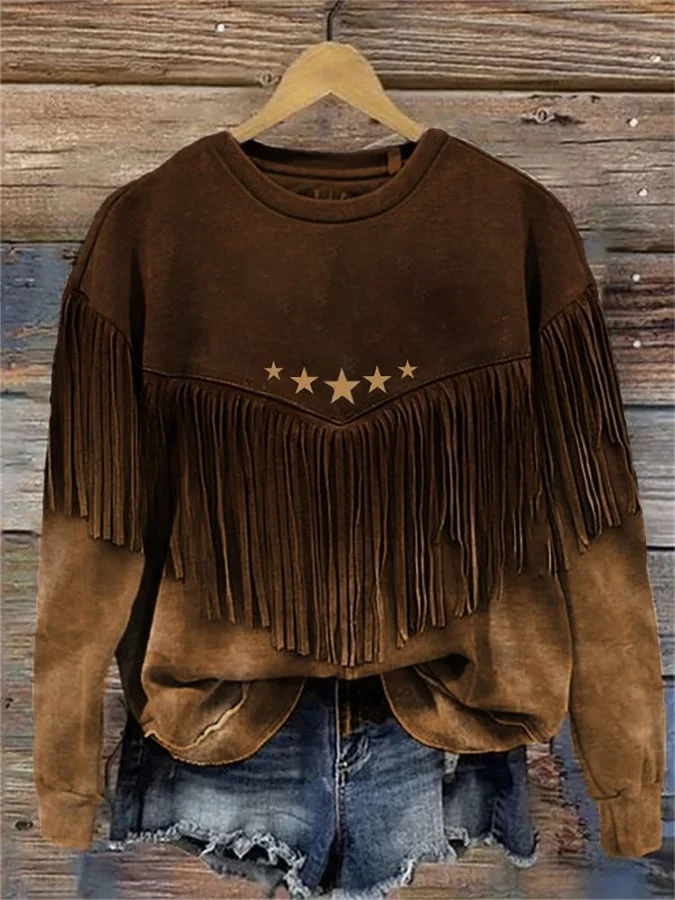 Vintage Western Fringe Print Long Sleeve Sweatshirt