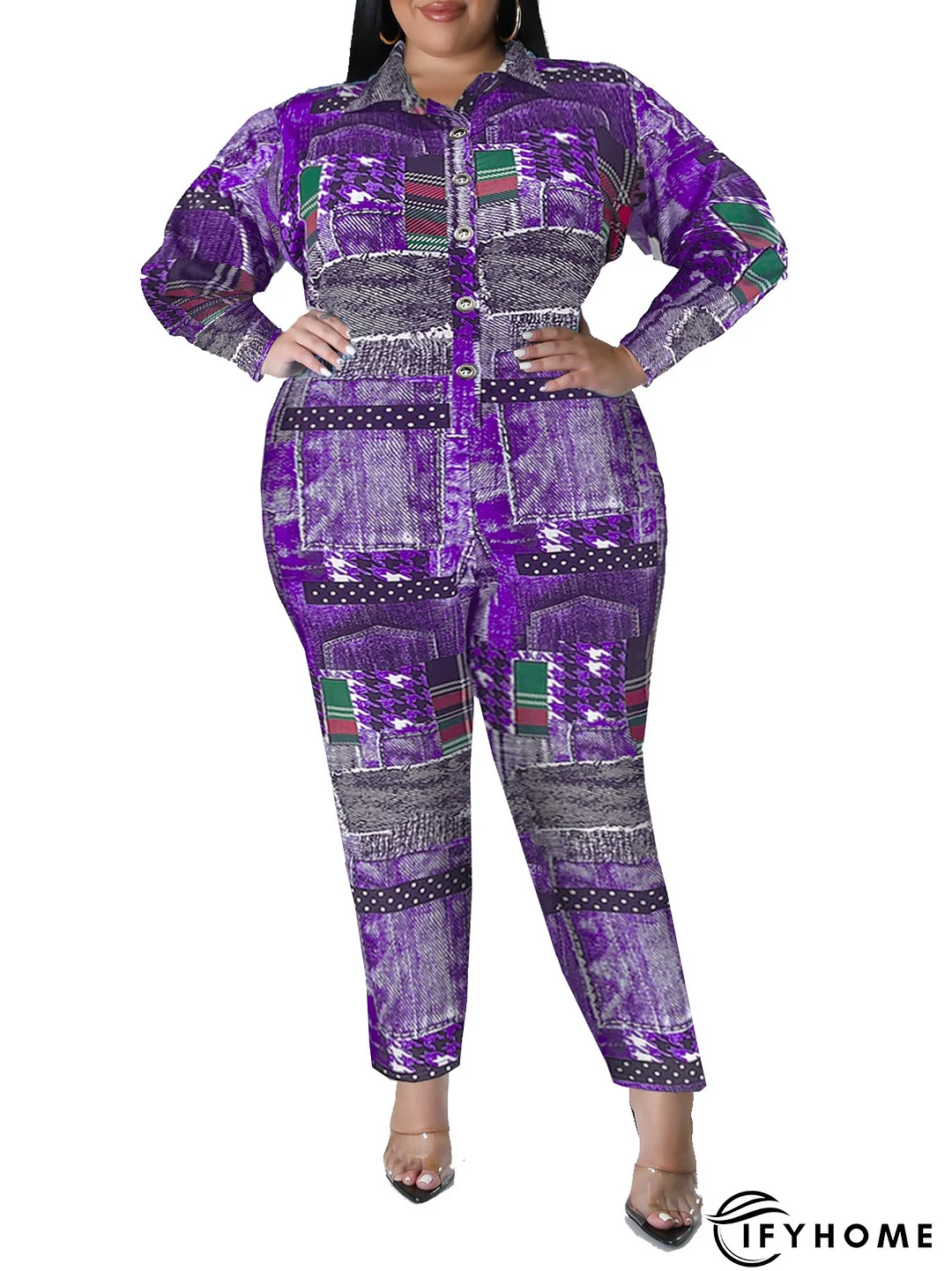 Plus Size Women's Fall Print Long Sleeve Jumpsuit | IFYHOME