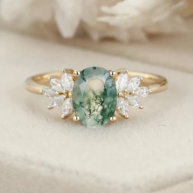 Olivenorma Oval Shaped Moss Agate White Zircon 18K Ring