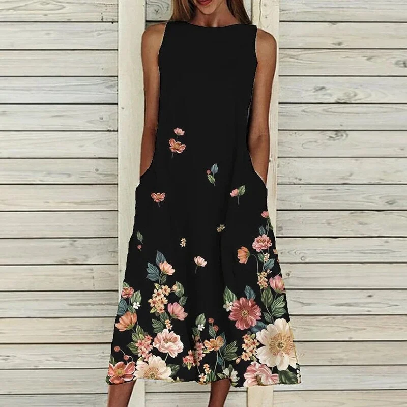 Dress 2022 O Neck Flower Print Summer Dresses For Women Fashion Pocket Sleeveless Dress Female Casual Loose Party Dress