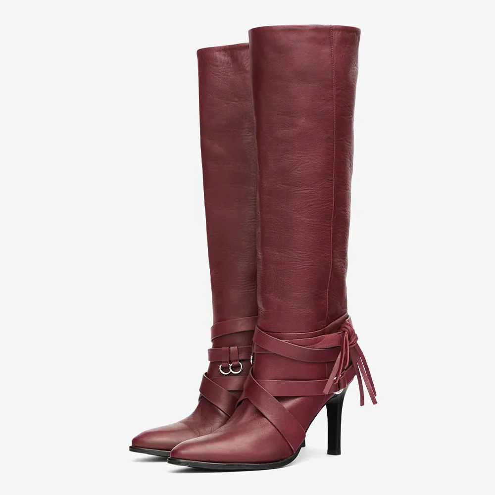 Vegan Leather Pointed Toe Cross Strap Knee High Heel Boots in Maroon