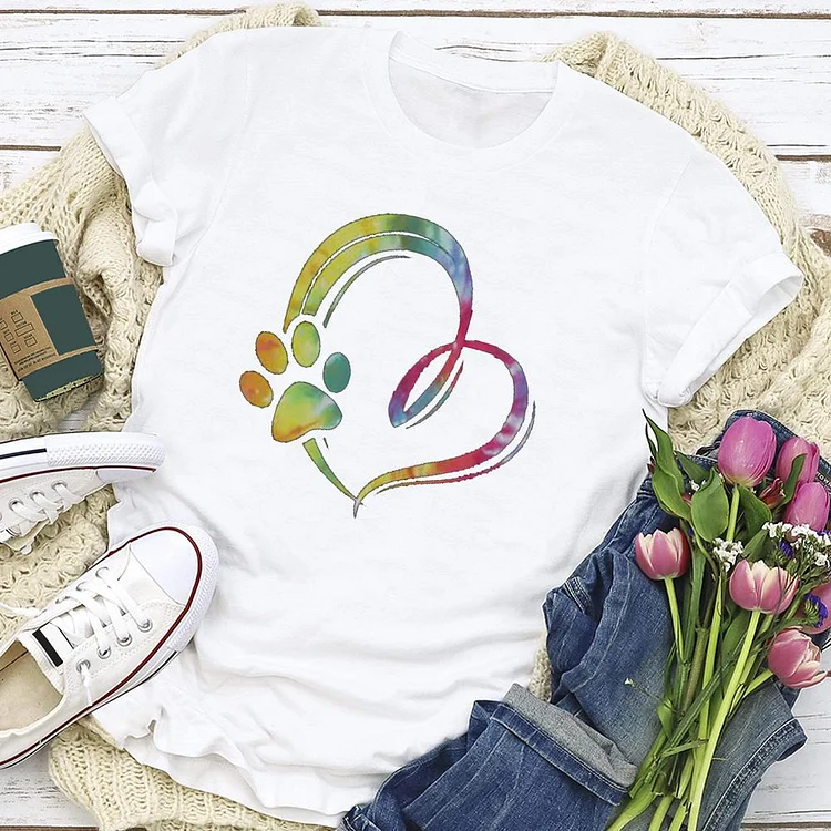 Watercolor Paw and Heart  T-shirt Tee - 01742-Annaletters